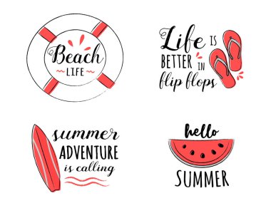 Komik yaz öğeleri metin - karalamalar koleksiyonu ile. Vektör.