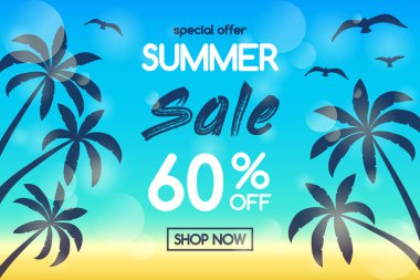 Yaz Satılık - tropik avuç içi ile banner kavramı. Vektör.