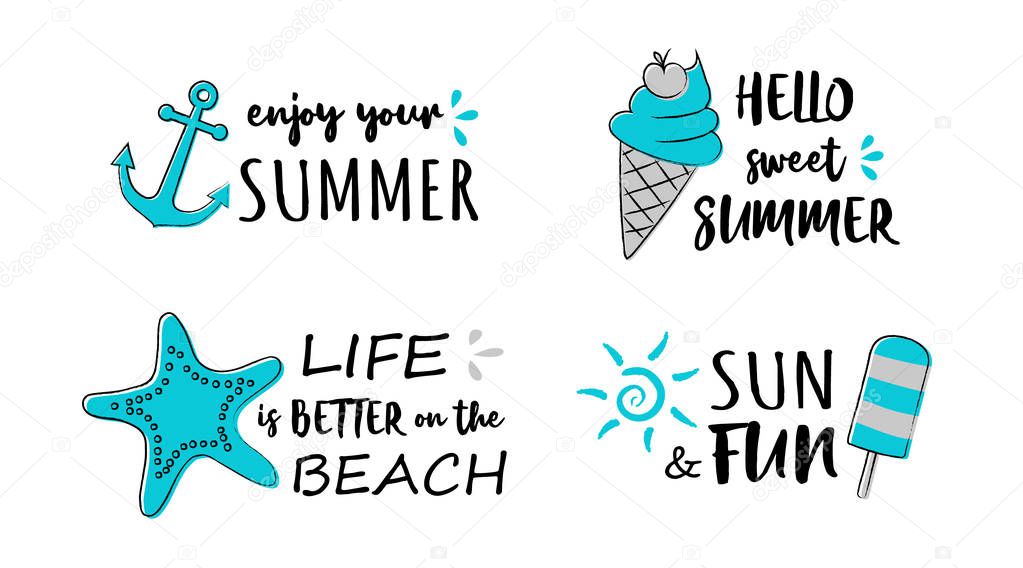 Summertime - hand drawn icons with funny text. Vector.