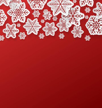 Gerçekçi 3d kırmızı arka plan - Noel tasarım kavramı üzerinde kar taneleri kağıt. Vektör.