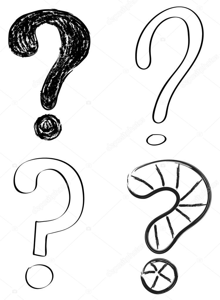 Set of hand drawn question marks isolated on white background. Vector.