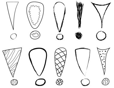 Farklı elle çizilmiş ünlem noktaları kümesi. Vektör.