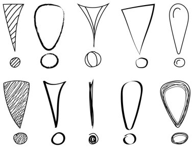 Farklı elle çizilmiş ünlem noktaları kümesi. Vektör.