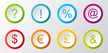 Farklı simgeler - para birimi, yüzde ve e-posta adresi sorgulama, ünlem topluluğu. Vektör.