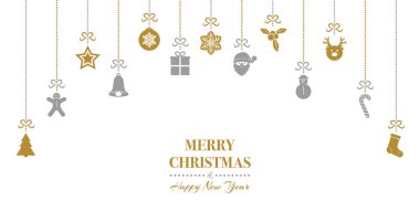 Selamlar ve asma süs eşyaları ile Noel afiş. Vektör.