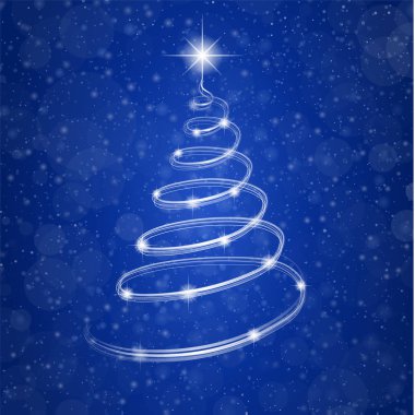 Kar taneleri ile mavi arka plan parlak Noel ağacına. Vektör.