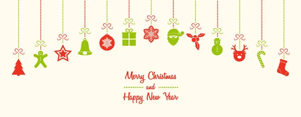 Selamlar ve asma süs eşyaları ile Noel afiş. Vektör.
