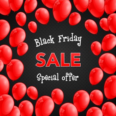 Güzel poster parlak helyum balonları siyah Cuma satış için. Vektör.