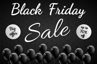 Güzel poster parlak helyum balonları siyah Cuma satış için. Vektör.