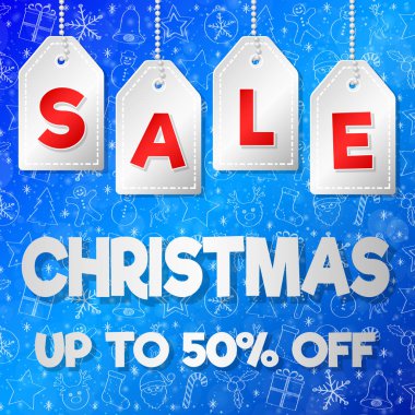 Noel satış - elle çizilmiş süslemeleri ile parlak poster. Vektör.