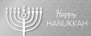 Happy Hanukkah - banner or card with greeting and paper menorah. Vector. clipart