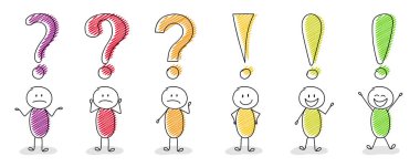 Rengarenk dizi karikatür stickmen ile soru ve ünlem işareti kutsal kişilerin resmi. Vektör.