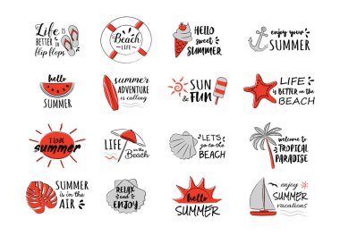 Yaz tatili - komik el simgeleri çizilmiş. Vektör.