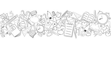 El ile bir okul başlık kavramı öğeleri çizilmiş. Vektör.