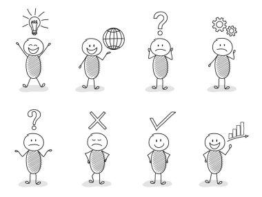 Farklı yüz ifadeleri ve iş ikonları/simgeleri ile stickmen topluluğu. Vektör.