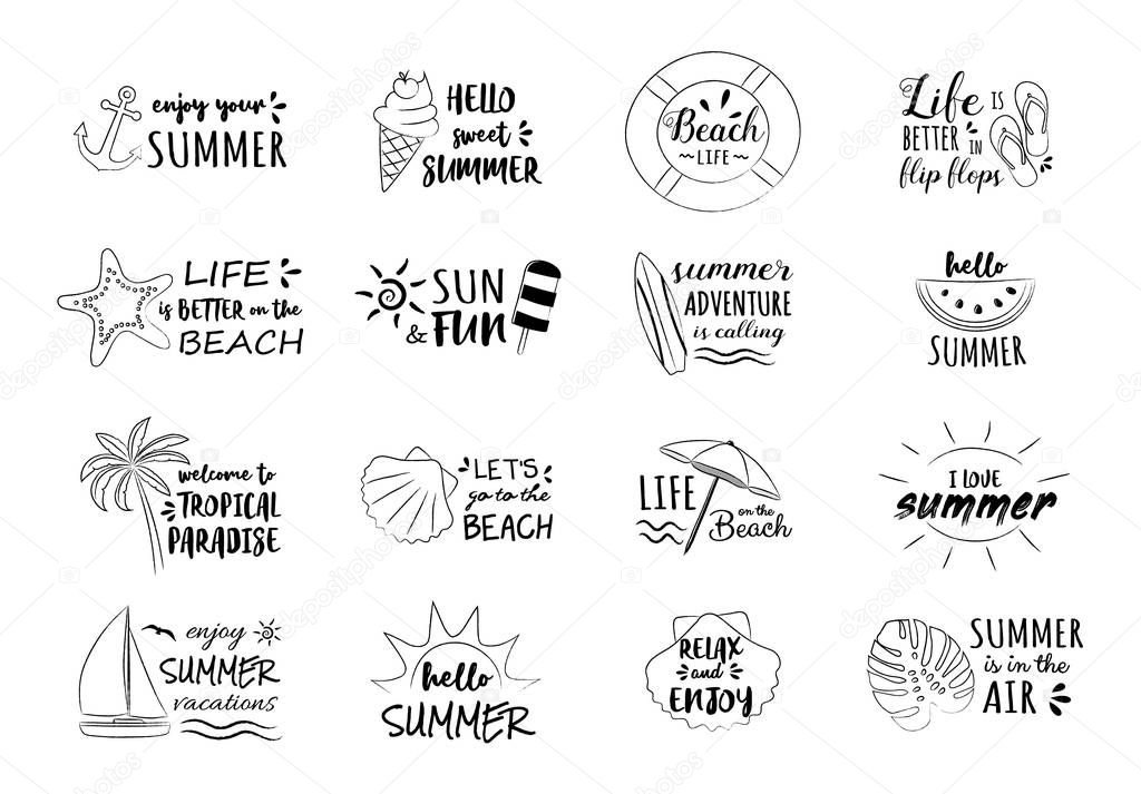Hand drawn summer icons - big collection with funny text. Vector.