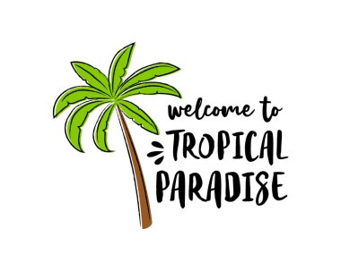 Palmiye ağacı. Yaz poster - komik metin ile el çekilmiş simgesi. Vektör.