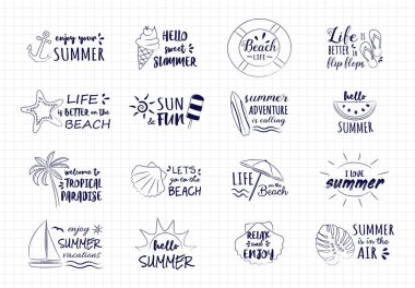 Elle çizilmiş yaz simgeler - komik metin ile büyük koleksiyonu. Vektör.