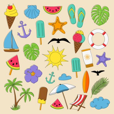 Farklı elle çizilmiş yaz öğeleri büyük kümesi. Vektör.