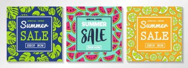 Yaz satış için el ilanları koleksiyonu. Karpuz, narenciye ve tropikal yaprak konseptiyle. Vektör.