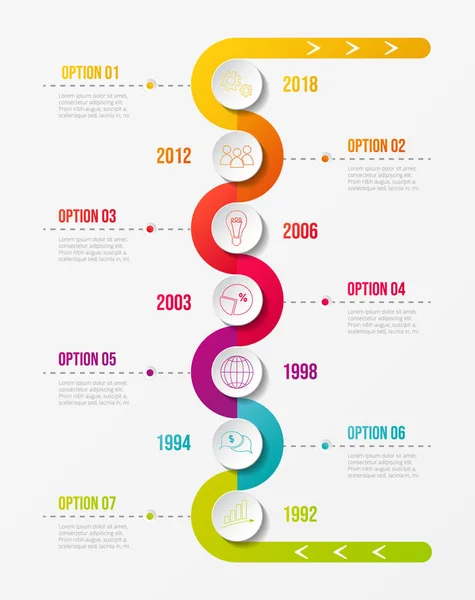 Línea Tiempo Colorida Empresa Con Iconos Negocios Redondos Vector — Vector de stock