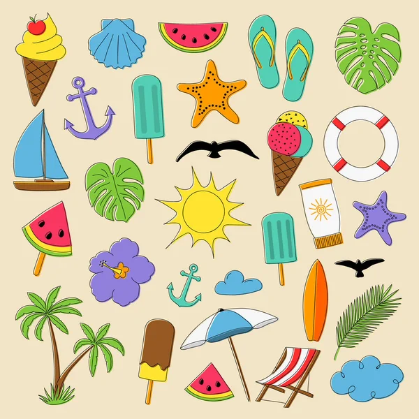 Farklı elle çizilmiş yaz öğeleri büyük kümesi. Vektör.