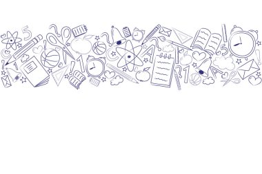 Şablonu el ile okul poster aksesuarları ve boşaltmak çizilmiş. Vektör.