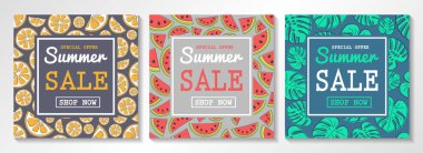 Yaz satış için el ilanları koleksiyonu. Karpuz, narenciye ve tropikal yaprak konseptiyle. Vektör.