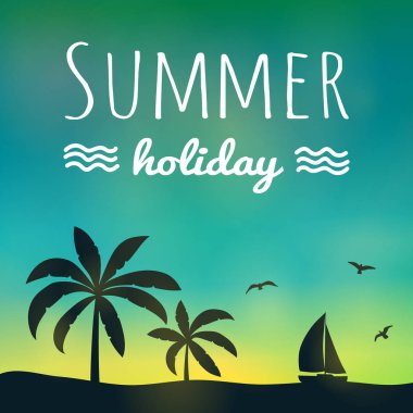 Yaz hat. Palmiye ağaçları ve metin ile renkli poster. Vektör.