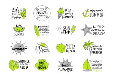 Komik metin ile yaz öğeleri koleksiyonu. Vektör.