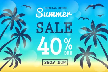 Yaz Satılık - tropik avuç içi ile banner. Vektör.