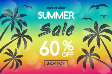 Yaz Satılık - tropik avuç içi ile banner kavramı. Vektör.