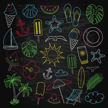 Yazı tahtası çizilmiş simgeler koleksiyonu renkli ver. Vektör.