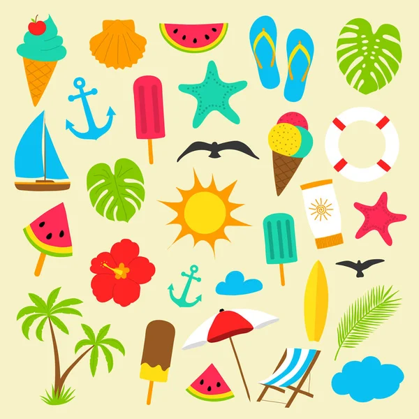 Vintage Summer Icons Big Colourful Collection Vector — Stock Vector