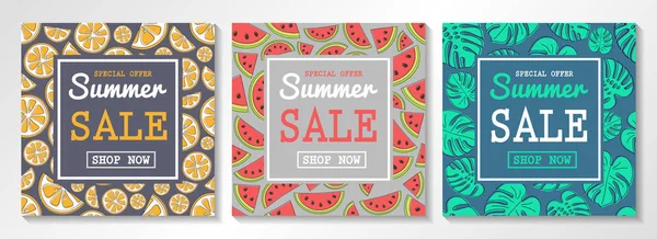 Yaz satış için el ilanları koleksiyonu. Karpuz, narenciye ve tropikal yaprak konseptiyle. Vektör.