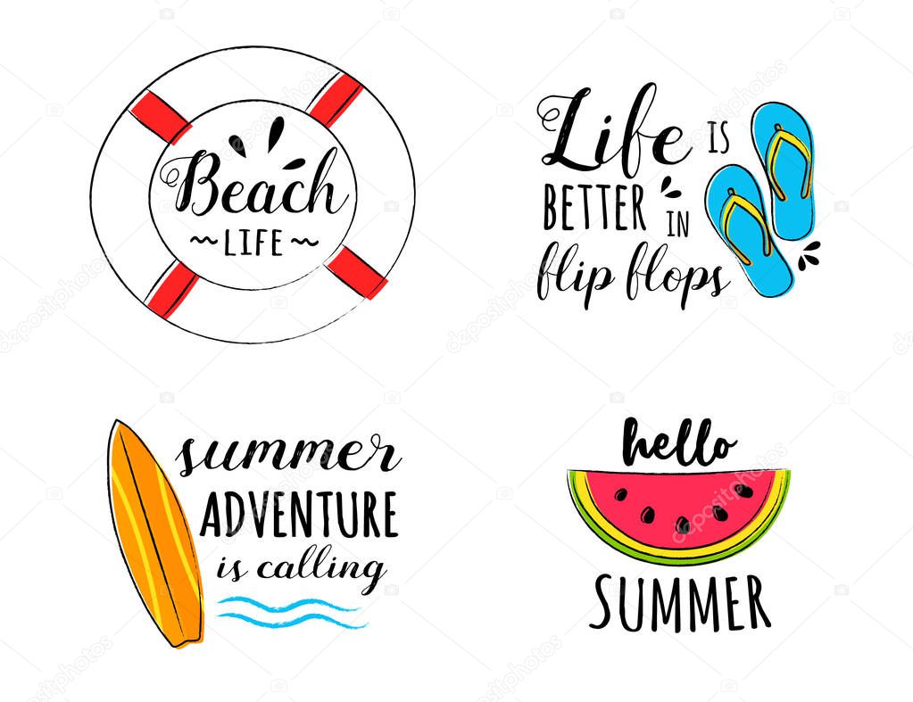 Collection of hand drawn summer icons with funny text. Vector.