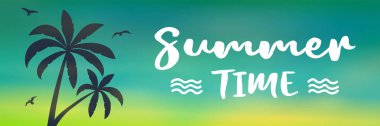 Yaz tatili - tropikal tatil. Palmiye ağaçları silueti ile banner. Vektör.