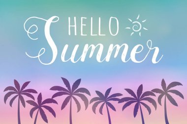 Yaz hat. Palmiye ağaçları ve metin ile renkli poster. Vektör.