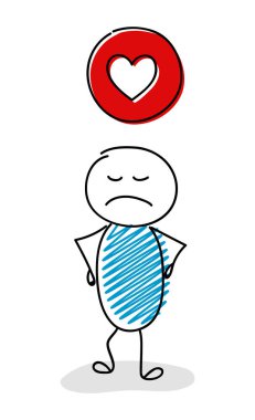 Kalp - aşk (sosyal medya) simgesi ile kızgın çöp adam. Vektör.