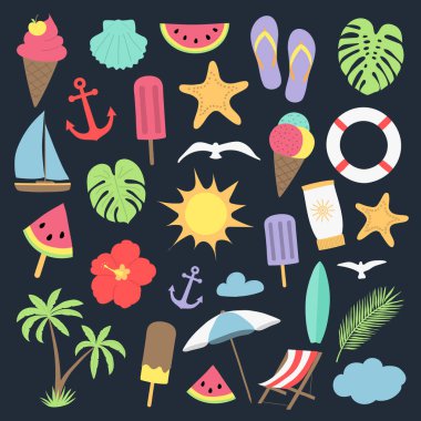 Yaz - renkli elle çizilmiş simgeler koleksiyonu. Vektör.