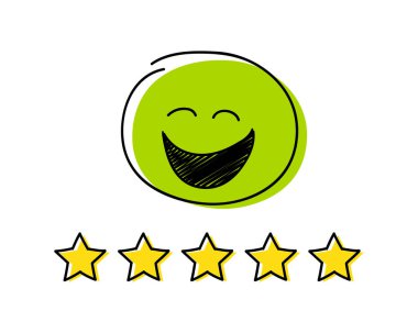 Derecelendirme Icon - beş yıldız. Yeşil renkli mutlu çöp adam. Vektör.