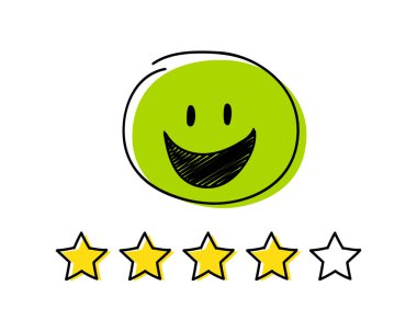 Derecelendirme Icon - dört yıldız. Yeşil renkli mutlu çöp adam. Vektör.
