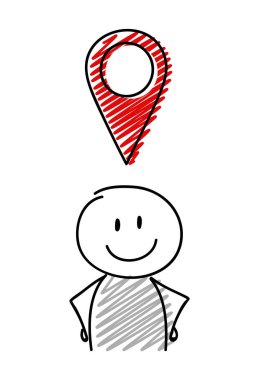 Gülen yüz ifadesi holiding geaotag simgesi olan çöp adam. Vektör.