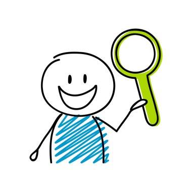 Büyüteç simgesiyle mutlu çöp adam. Vektör.