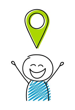 Harita PIN simgesi ile mutlu çöp adam. Vektör.