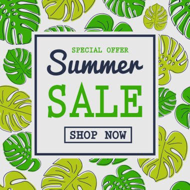 Yaz Satılık - el ilanı el ile egzotik yaprakların simgeleri çizilmiş. Vektör.