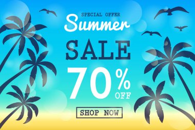 Yaz Satılık - tropik avuç içi ile banner kavramı. Vektör.