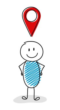 Coğrafi etiket (harita PIN) simgesi ile gülen çöp adam. Vektör.