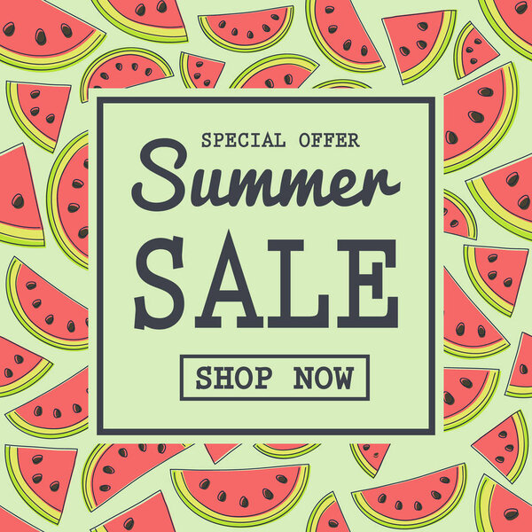 Летняя распродажа - красочный баннер с арбузными иконами ручной работы. Вектор
.