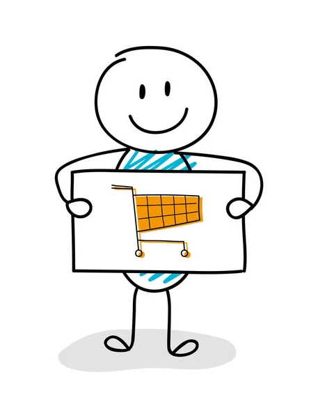 Smiley Stikman Handing Board Shopping Cart Icon Вектор — стоковый вектор